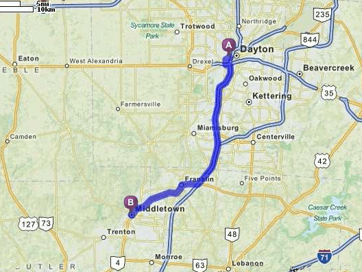 Map showing directions from Dayton to the PAC